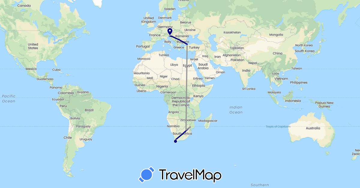 TravelMap itinerary: driving, plane in Croatia, Slovenia, Turkey, South Africa (Africa, Asia, Europe)
